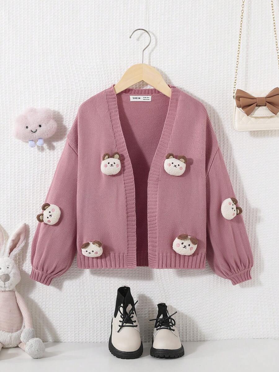 SHEIN Cô Gái Trẻ Bản vá Gấu Thả vai Áo len Duster - Hồng - Xem 1