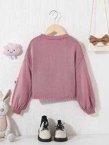 SHEIN Cô Gái Trẻ Bản vá Gấu Thả vai Áo len Duster - Hồng - Xem 2