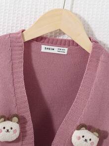 SHEIN Cô Gái Trẻ Bản vá Gấu Thả vai Áo len Duster - Hồng - Xem 5