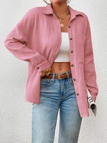 SHEIN Essnce 落肩袖口袋貼布襯衫 - 藕粉色 - 查看 3