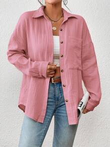 SHEIN Essnce 落肩袖口袋貼布襯衫 - 藕粉色 - 查看 5