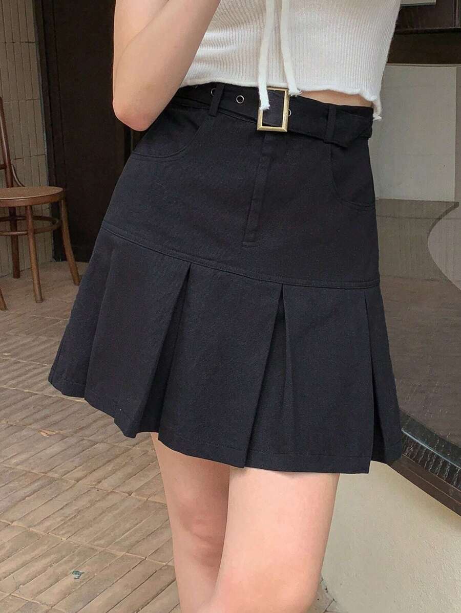 DAZY Solid Pleated Hem Belted Skirt - Black - View 1