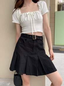 DAZY Solid Pleated Hem Belted Skirt - Black - View 4