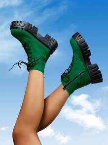 綠色時尚防水台踝靴,英倫風情適合女士 - 綠色 - 查看 1