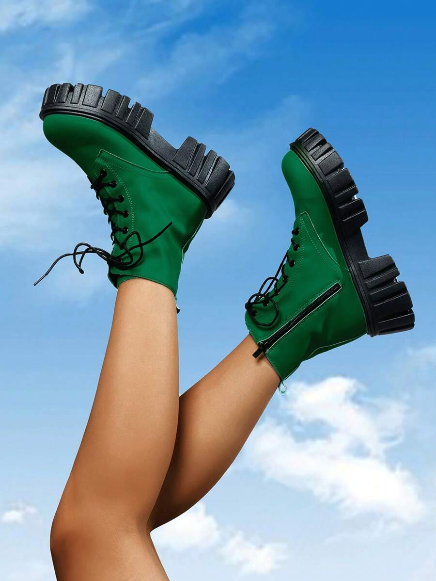 綠色時尚防水台踝靴,英倫風情適合女士 - 綠色 - 查看 1