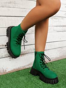 綠色時尚防水台踝靴,英倫風情適合女士 - 綠色 - 查看 2