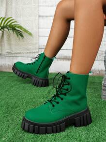 綠色時尚防水台踝靴,英倫風情適合女士 - 綠色 - 查看 3