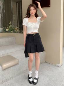 DAZY Solid Pleated Hem Belted Skirt - Black - View 6