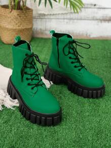 綠色時尚防水台踝靴,英倫風情適合女士 - 綠色 - 查看 4