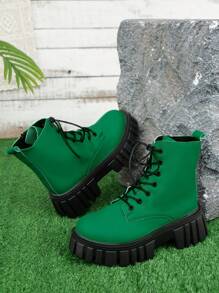綠色時尚防水台踝靴,英倫風情適合女士 - 綠色 - 查看 6
