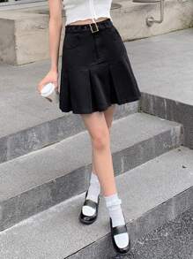 DAZY Solid Pleated Hem Belted Skirt - Black - View 7