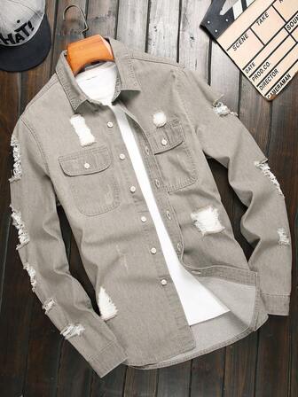 Guys Ripped Flap Pocket Denim Shirt Without Tee