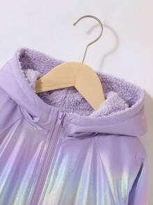 SHEIN Tween Girl Holographic Zip Up Hooded Teddy Lined Jacket - Multicolor - View 5
