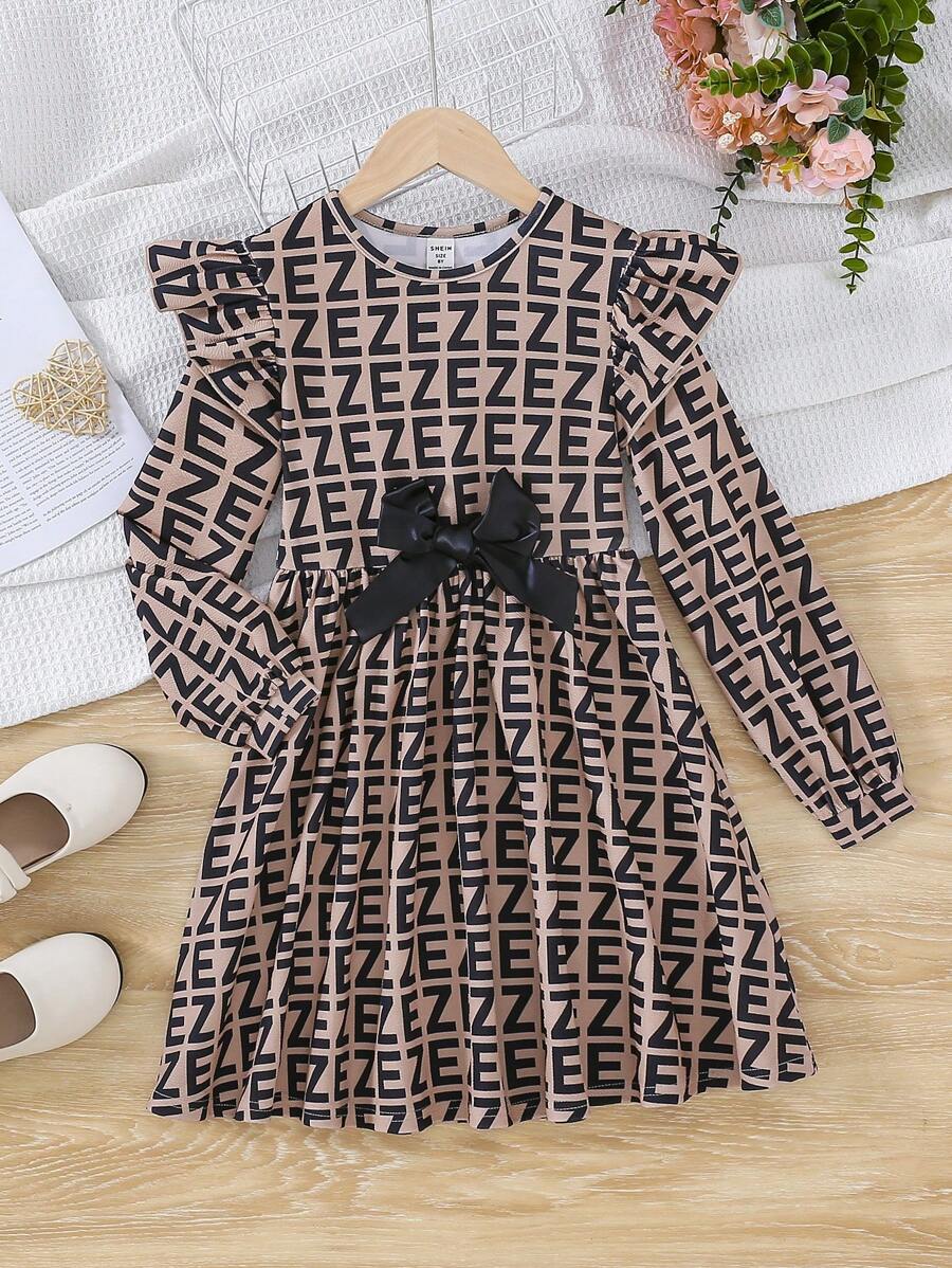 SHEIN Tween Girl Allover Print Ruffle Trim Bow Front Dress - Multicolor - View 1