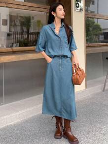 DAZY 落肩袖牛仔襯衫&後背開衩半身裙不附腰帶 - 中等水洗藍 - 查看 1