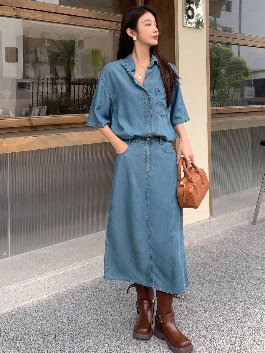 DAZY 落肩袖牛仔襯衫&後背開衩半身裙不附腰帶 - 中等水洗藍 - 查看 1