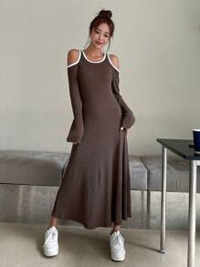 DAZY 撞色滾邊挖肩連衣裙 - 咖啡棕 - 查看 1