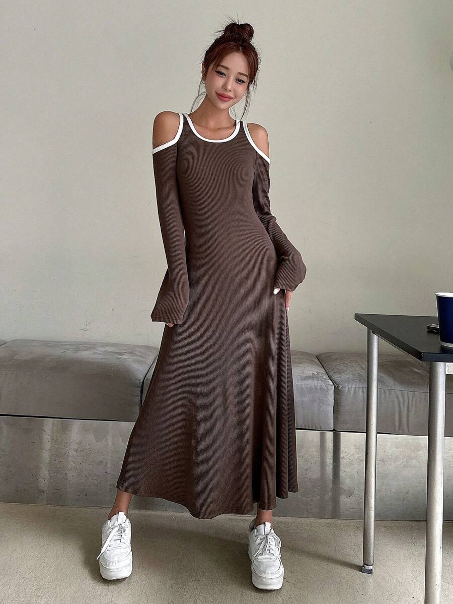 DAZY 撞色滾邊挖肩連衣裙 - 咖啡棕 - 查看 1
