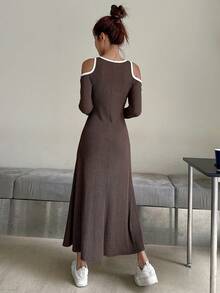 DAZY 撞色滾邊挖肩連衣裙 - 咖啡棕 - 查看 2