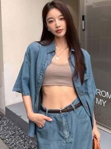 DAZY 落肩袖牛仔襯衫&後背開衩半身裙不附腰帶 - 中等水洗藍 - 查看 3