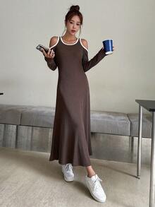 DAZY 撞色滾邊挖肩連衣裙 - 咖啡棕 - 查看 3