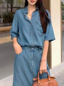 DAZY 落肩袖牛仔襯衫&後背開衩半身裙不附腰帶 - 中等水洗藍 - 查看 5
