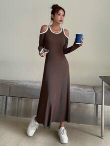 DAZY 撞色滾邊挖肩連衣裙 - 咖啡棕 - 查看 5