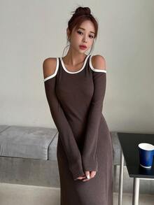 DAZY 撞色滾邊挖肩連衣裙 - 咖啡棕 - 查看 6