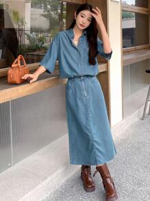 DAZY 落肩袖牛仔襯衫&後背開衩半身裙不附腰帶 - 中等水洗藍 - 查看 7