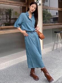 DAZY 落肩袖牛仔襯衫&後背開衩半身裙不附腰帶 - 中等水洗藍 - 查看 8