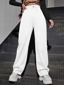 高腰斜口袋男友牛仔褲 - 白色 - 查看 1