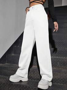 高腰斜口袋男友牛仔褲 - 白色 - 查看 3
