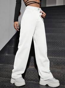 高腰斜口袋男友牛仔褲 - 白色 - 查看 4