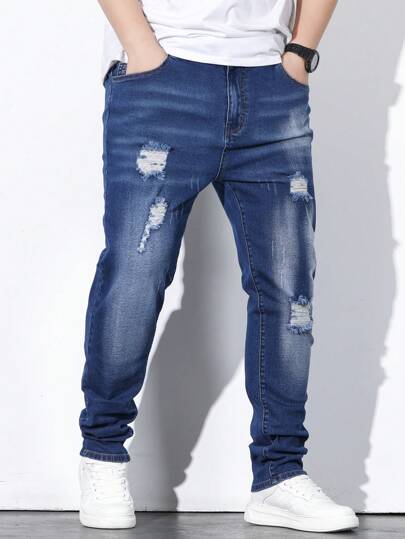 Chillumni Men Plus Ripped Frayed Bleach Wash Jeans, Plain Dark Blue Slim Fit Long Cargo For Husband, Boyfriend Gifts Commute Urban Street Office