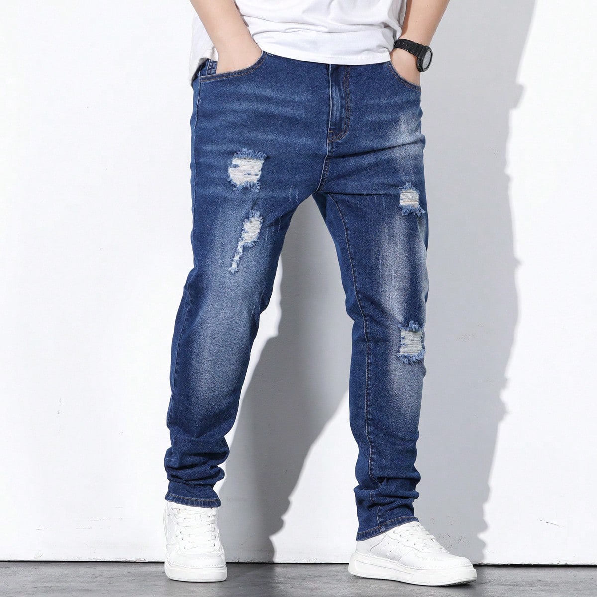 Jeans desgastados y desgarrados con lavado a la lejía para hombre, jeans largos de corte slim de color azul oscuro liso, jeans cargo, regalo para esp