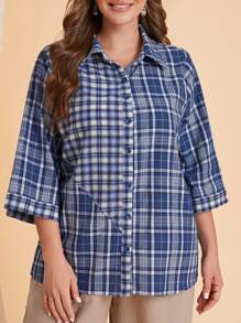 EMERY ROSE Hơn In kẻ sọc Nút phía trước Áo sơ mi - Màu xanh lam - Xem 1