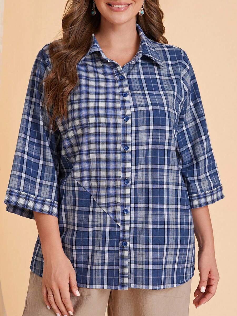 EMERY ROSE Hơn In kẻ sọc Nút phía trước Áo sơ mi - Màu xanh lam - Xem 1