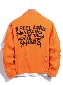 Manfinity Homme Men Slogan Graphic Ripped Denim Jacket Without Tee - Orange - View 1