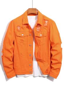 Manfinity Homme Men Slogan Graphic Ripped Denim Jacket Without Tee - Orange - View 2