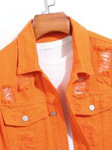 Manfinity Homme Men Slogan Graphic Ripped Denim Jacket Without Tee - Orange - View 3