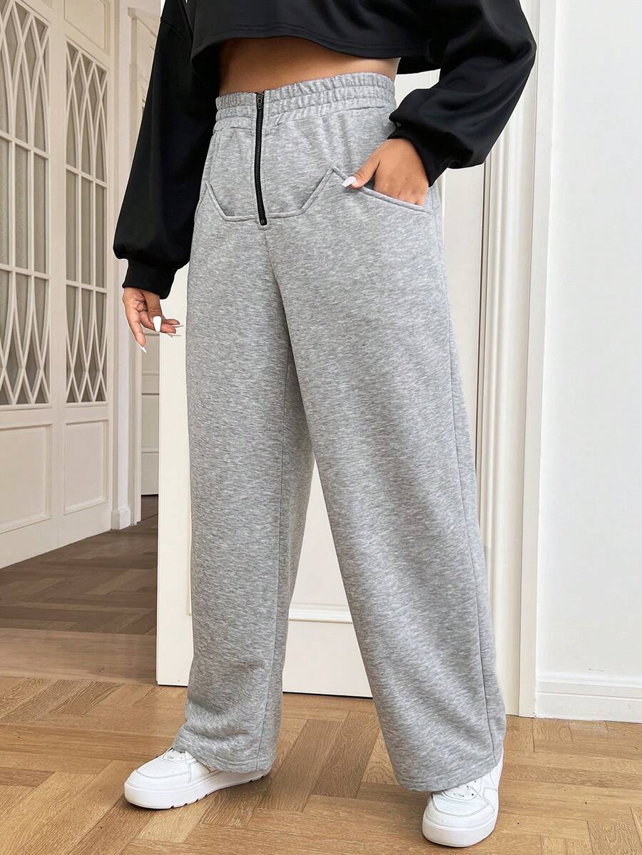 SHEIN EZwear 大碼拉鏈門襟斜口袋衛褲 - 淺灰色 - 查看 1