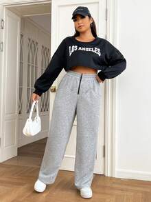 SHEIN EZwear 大碼拉鏈門襟斜口袋衛褲 - 淺灰色 - 查看 3