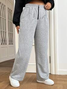 SHEIN EZwear 大碼拉鏈門襟斜口袋衛褲 - 淺灰色 - 查看 4