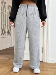 SHEIN EZwear 大碼拉鏈門襟斜口袋衛褲 - 淺灰色 - 查看 5