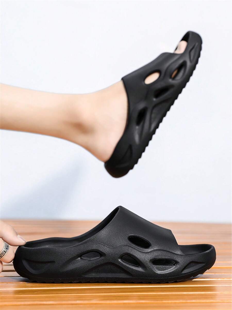 男士&女性簡約風格素色戶外休閒拖鞋帶單帶設計 - 黑色 - 查看 1