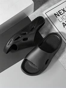 男士&女性簡約風格素色戶外休閒拖鞋帶單帶設計 - 黑色 - 查看 2