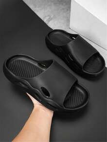 男士&女性簡約風格素色戶外休閒拖鞋帶單帶設計 - 黑色 - 查看 3