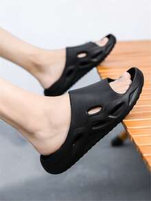 男士&女性簡約風格素色戶外休閒拖鞋帶單帶設計 - 黑色 - 查看 4