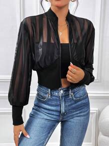 SHEIN Essnce Contrast Mesh Lantern Sleeve Jacket In Fall/Winter - Black - View 1