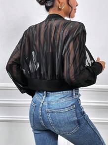 SHEIN Essnce Contrast Mesh Lantern Sleeve Jacket In Fall/Winter - Black - View 2
